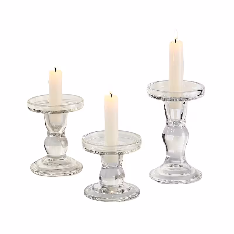 3pc Glass European Vintage Pillar Pedestal Candle Holder Set