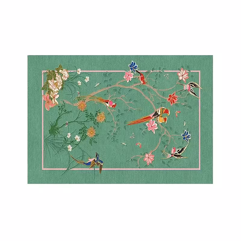 Vintage Green Floral and Bird Designed Decorative Carpet