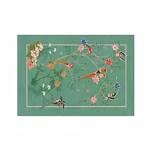 Vintage Green Floral and Bird Designed Decorative Carpet