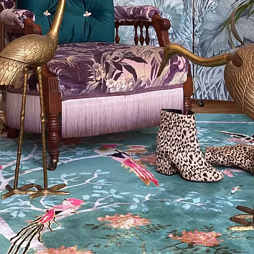 Vintage Green Floral and Bird Designed Decorative Carpet