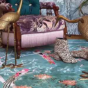 Vintage Green Floral and Bird Designed Decorative Carpet