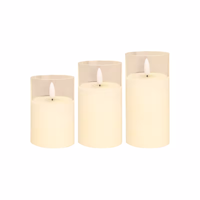 3pc LED Acrylic Candles Set unlit, showing cream wax pillars inside clear cylindrical tubes with white pointed LED wicks on white background