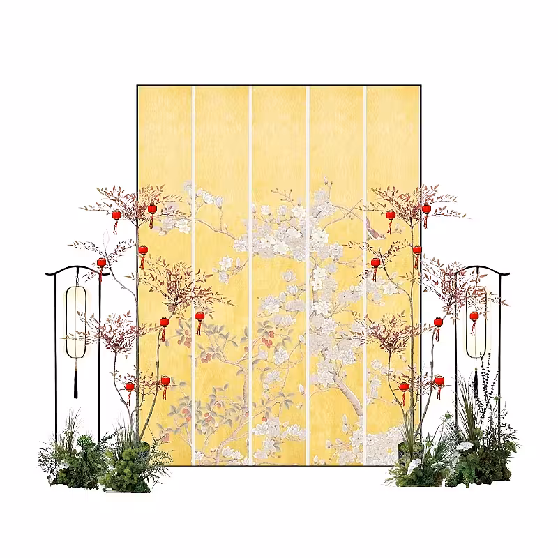 Grassy Green Artificial Flower Oriental Birds Backdrop Set R-PB011