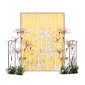 Grassy Green Artificial Flower Oriental Birds Backdrop Set R-PB011