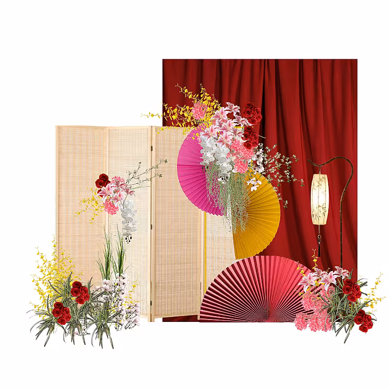 Prosperity Red Artificial Flower Red Frame And Bamboo Screen Backdrop Set R-PB010