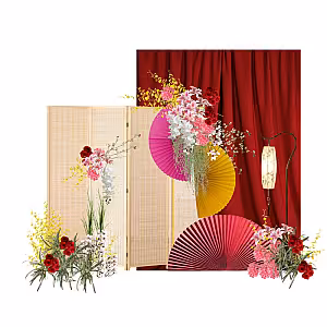 Prosperity Red Artificial Flower Red Frame And Bamboo Screen Backdrop Set R-PB010