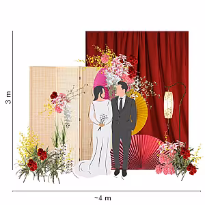 Prosperity Red Artificial Flower Red Frame And Bamboo Screen Backdrop Set R-PB010