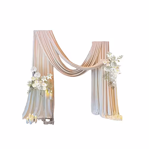 Timeless White Artificial Flower Flowing Beige Cloth Arch Frame Backdrop Set R-PB004