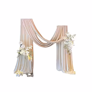 Timeless White Artificial Flower Flowing Beige Cloth Arch Frame Backdrop Set R-PB004