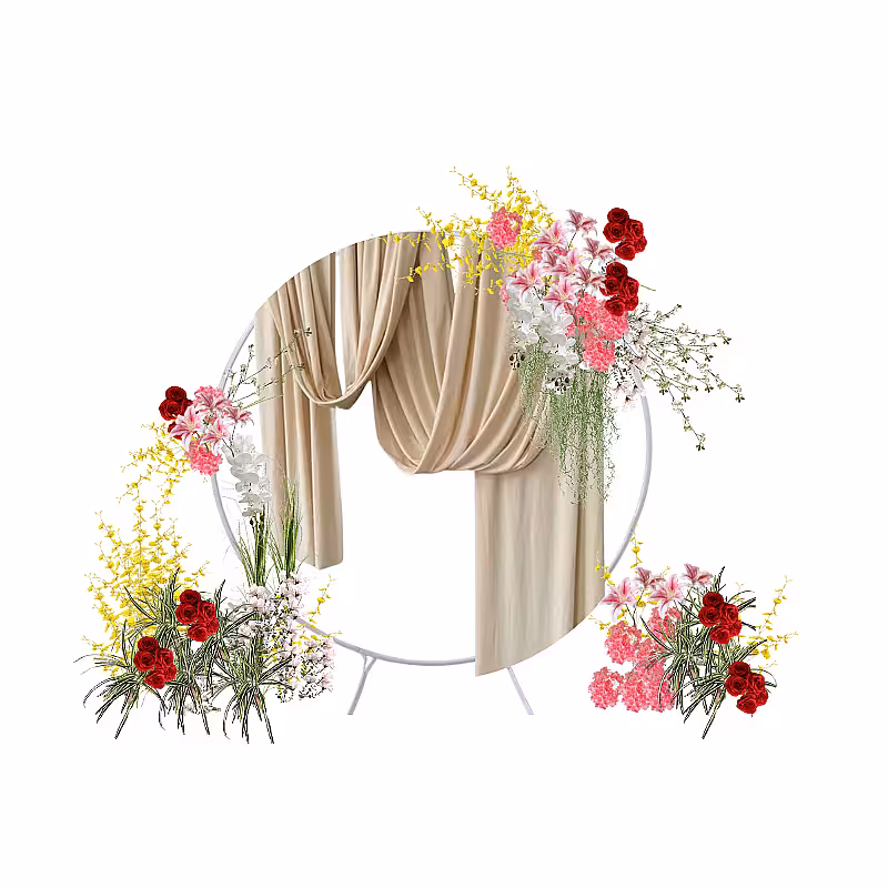 Prosperity Red Artificial Flower White Round Frame Backdrop Set R-PB002