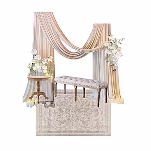 Modern Minimalist Timeless White Artificial Flower Flowing Cloth Pelamin Engagement Set R-EN012