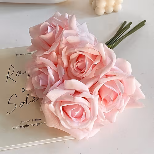 5pc Artificial Curl Edge Moisture Rose Bouquet (Pink)