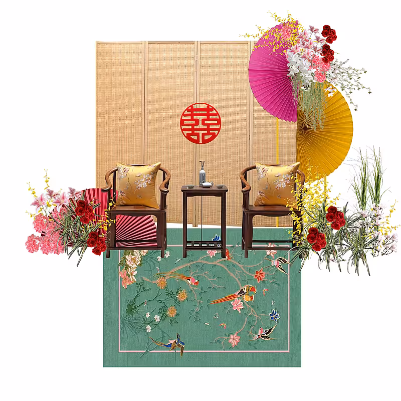 Oriental Mandarin Prosperity Red Artificial Flower Carpet Chinese Tea Ceremony Set R-TC009