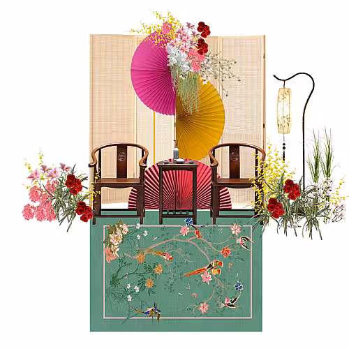 Oriental Mandarin Prosperity Red Artificial Flower Green Carpet Chinese Tea Ceremony Set R-TC008