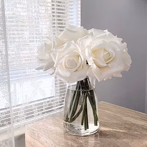 5pc Artificial Curl Edge Moisture Rose Bouquet (White)