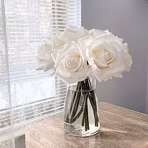 5pc Artificial Curl Edge Moisture Rose Bouquet (White)