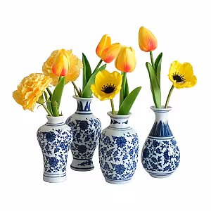 8pc Artificial Tulip Poppy Carnation Flower Set (Yellow, vase not included)