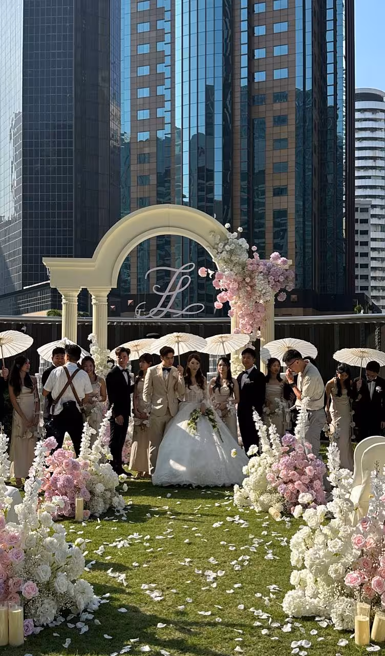A romantic outdoor rooftop ceremony features a cream classical arch adorned with cascading pink and white blooms, flanked by lush floral aisle arrangements and scattered rose petals on green lawn. Oriental oil paper umbrellas with bamboo ribs add an elegant vintage charm throughout the setting, complemented by pillar candles glowing along the aisle.