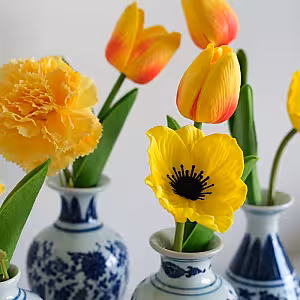 8pc Artificial Tulip Poppy Carnation Flower Set (Yellow, vase not included)