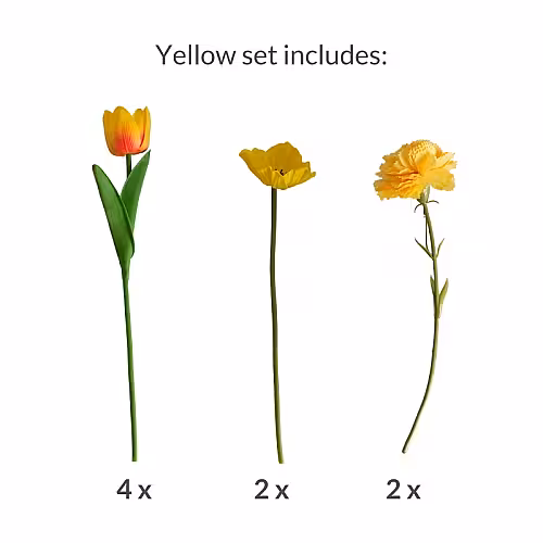 8pc Artificial Tulip Poppy Carnation Flower Set (Yellow, vase not included)