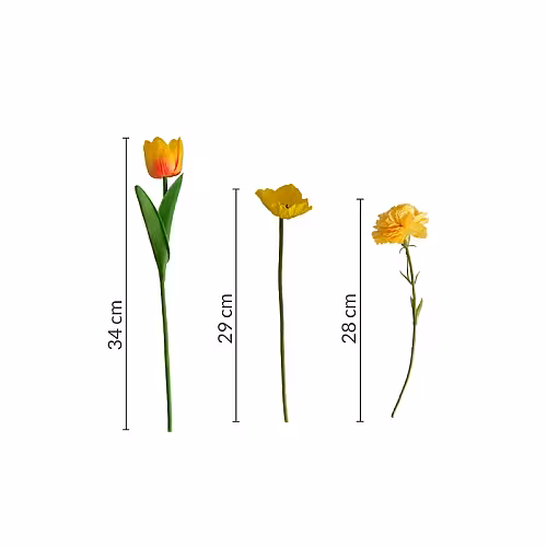 8pc Artificial Tulip Poppy Carnation Flower Set (Yellow, vase not included)