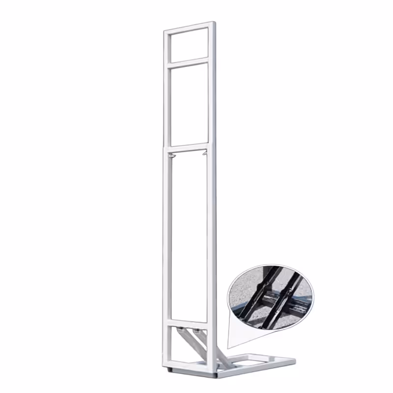 White foldable board bracket stand shown upright with a close-up inset highlighting the black folding hinge mechanism at the base