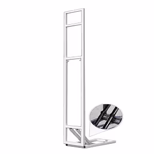 White foldable board bracket stand shown upright with a close-up inset highlighting the black folding hinge mechanism at the base