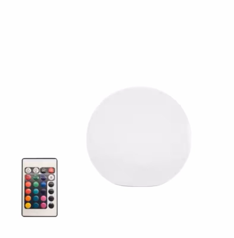 Large 40cm LED Ball Sphere Light glowing white on white background beside a multicolour RGB remote control
