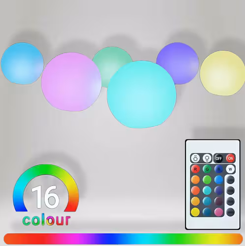 Six LED Ball Sphere Lights glowing in blue, pink, teal, purple and yellow tones with RGB remote and 16-colour graphic on grey background
