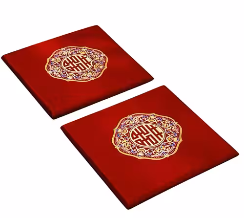 Pair of red satin tea ceremony wedding kneeling cushions with embroidered gold and multicolour double happiness medallion