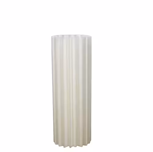 Close-up of a single white origami cylindrical pleated desserts stand on white background highlighting the smooth vertical accordion folds
