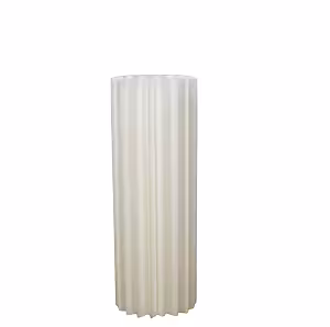 Close-up of a single white origami cylindrical pleated desserts stand on white background highlighting the smooth vertical accordion folds