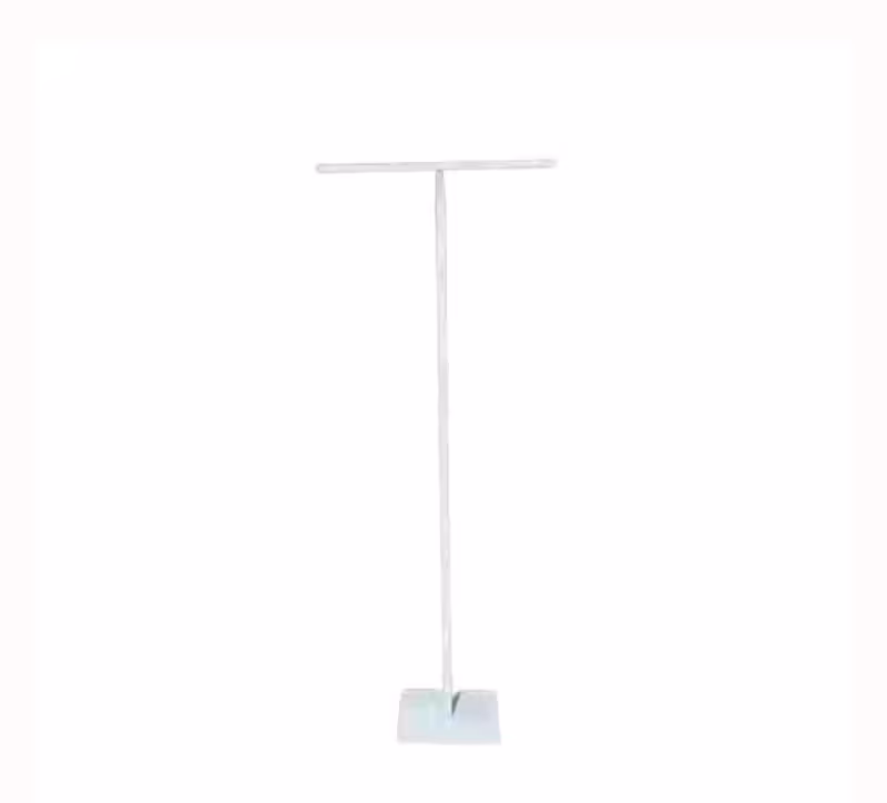 T-Shaped Backdrop Display Stand bare white metal frame showing full vertical pole, horizontal T-bar top, and square flat base on plain background