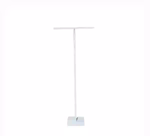 T-Shaped Backdrop Display Stand bare white metal frame showing full vertical pole, horizontal T-bar top, and square flat base on plain background