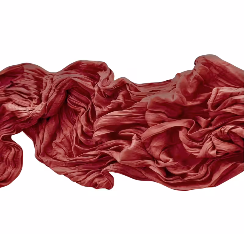Maroon Crumpled Table Runner in deep red fabric with flowing, heavily textured folds and wrinkles on a white background