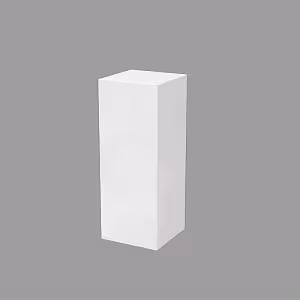 Single white glossy iron cuboid dessert stand isolated against a plain grey background, showing tall rectangular form and smooth finish
