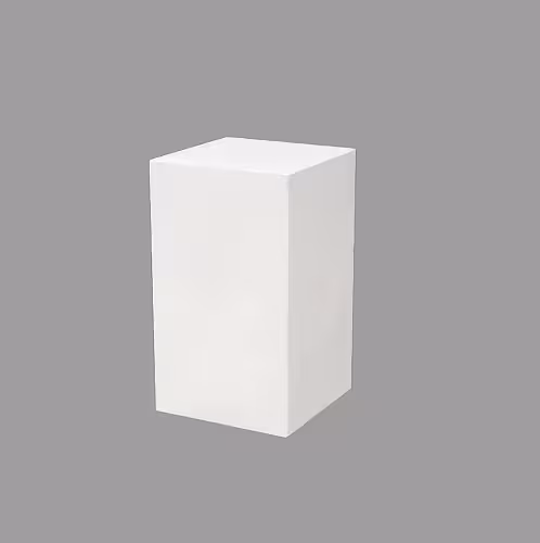Single white iron cuboid dessert stand isolated on a grey background, showing its clean matte finish and solid rectangular form