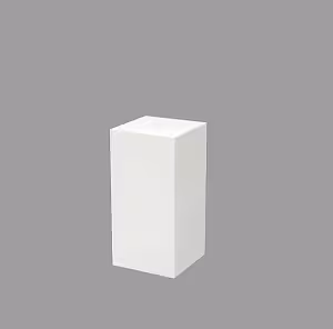 Single white iron cuboid desserts stand isolated on a grey background, showing smooth glossy finish and tall rectangular form