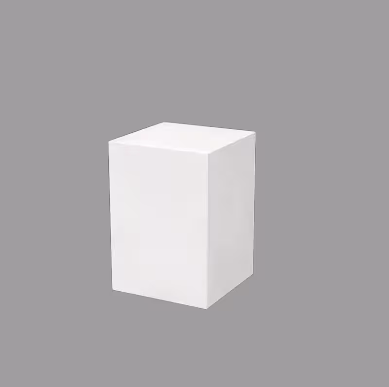 Single white glossy iron cuboid dessert stand isolated on a grey background, showing clean edges and smooth finish