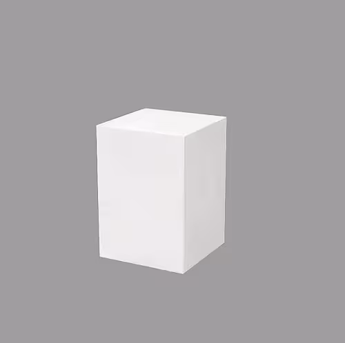 Single white glossy iron cuboid dessert stand isolated on a grey background, showing clean edges and smooth finish