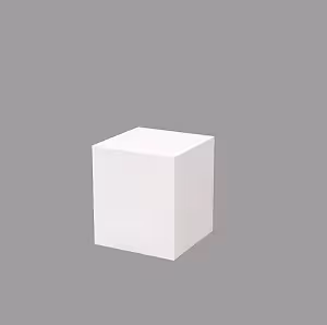 Single white iron cuboid dessert stand isolated on grey background showing clean matte finish and solid boxy silhouette