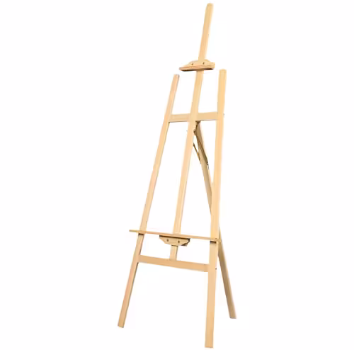 Full-length side view of the Easel Stand 175 cm showing tall natural pine wood A-frame tripod structure against a white background