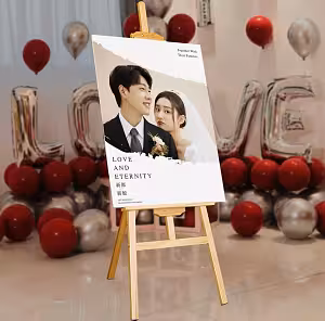 Easel Stand 175 cm styled at a wedding venue displaying a couple's welcome sign board, surrounded by red and silver balloons