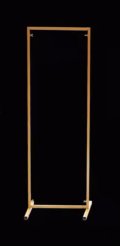 Tall slim Adjustable Gold Rectangle Decorative Arch Frame with metallic gold metal tubing, small clip connectors, and a flat T-bar base