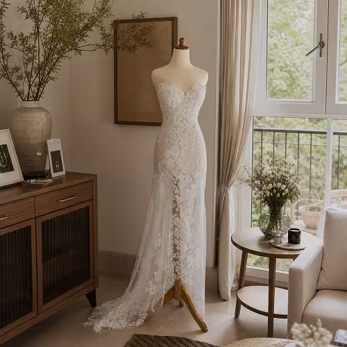 Foam Layered Mannequin with Wooden Pole styled in a bright room, displaying a white floral lace bridal gown with sweetheart neckline and train