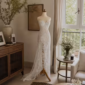 Foam Layered Mannequin with Wooden Pole styled in a bright room, displaying a white floral lace bridal gown with sweetheart neckline and train