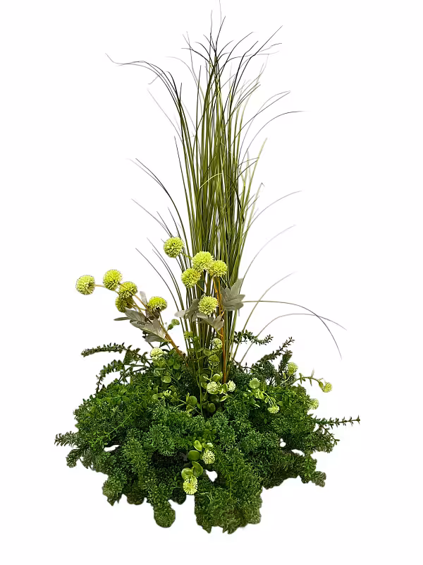 Grassy Green Artificial Floor Flower on white background, tall wispy grass blades rising above lime green pompom blooms and lush mixed foliage base