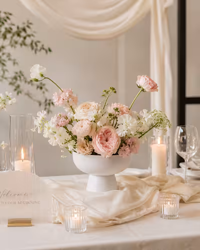 White Pedestal Bowl Vase styled as a wedding centrepiece with blush roses and white blooms, surrounded by candles on a draped table
