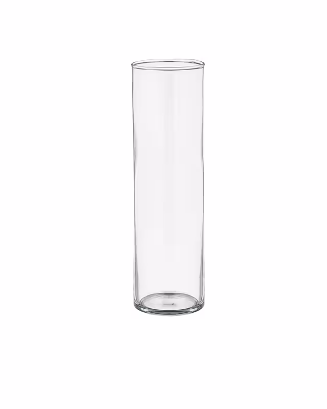 Tall slim Minimalist Cylinder Clear Glass Vase with smooth transparent walls and a flat circular base on white background