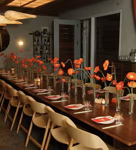 Row of Minimalist Cylinder Clear Glass Vases holding single-stem red poppies lining a long dark wooden restaurant dining table
